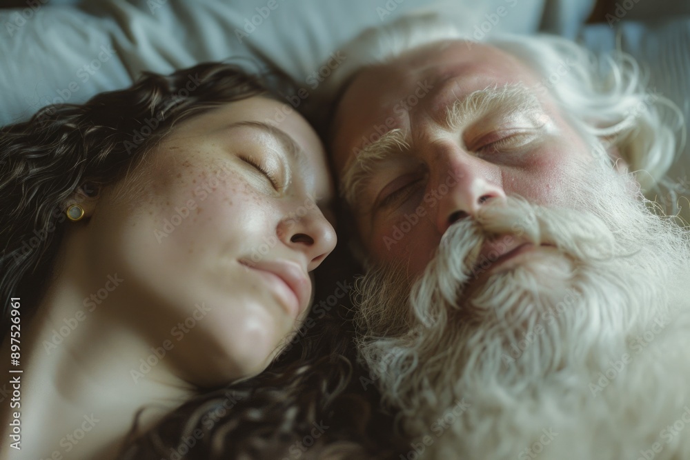 An elderly couple peacefully resting in each other's arms on a bed, depicting love and comfort. An elderly couple peacefully resting in each other's arms on a bed, depicting love and comfort.