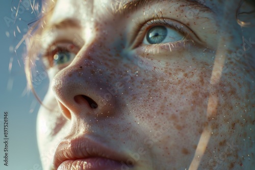 Face close-up, freckled skin, neutral expression.