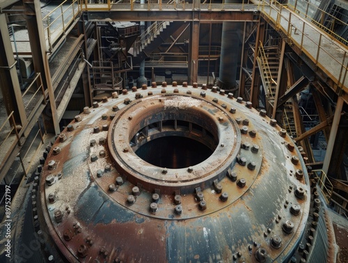 Large, rusted metal structure with hole in middle