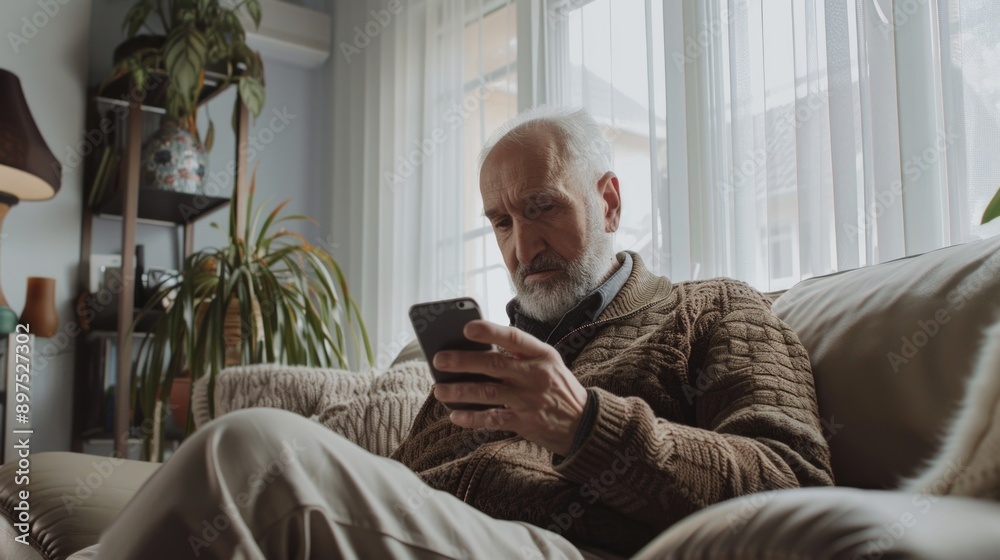 An older man using a smartphone, sitting comfortably in his living room, possibly texting or browsing the internet. An older man using a smartphone, sitting comfortably in his living room, possibly texting or browsing the internet.