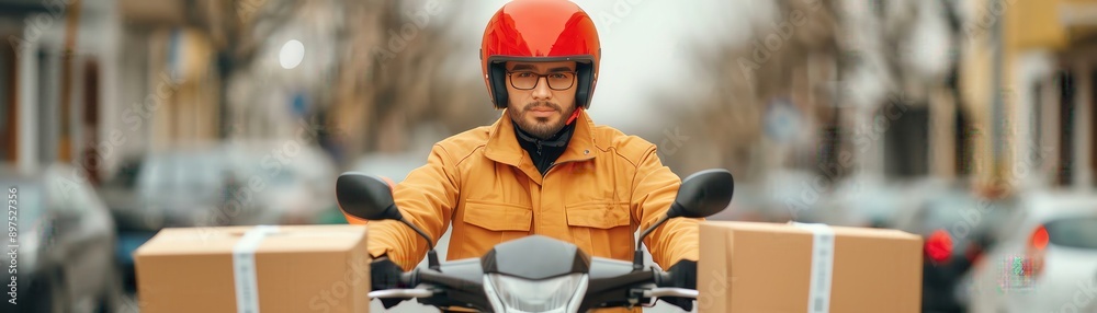 Delivery person on a scooter with boxes in an urban setting, wearing a red helmet and yellow jacket, performing delivery service. Delivery person on a scooter with boxes in an urban setting, wearing a red helmet and yellow jacket, performing delivery service.