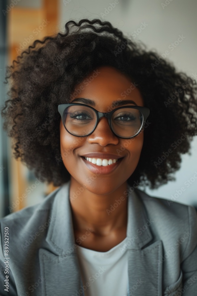 A young black professional woman smiling at camera with glasses, in a modern office environment.