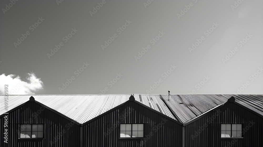 Fototapeta premium black and white factory buildings, corrugated metal roofs, minimalist architecture, industrial design, blue sky backdrop, urban aesthetic, contemporary style, commercial photography
