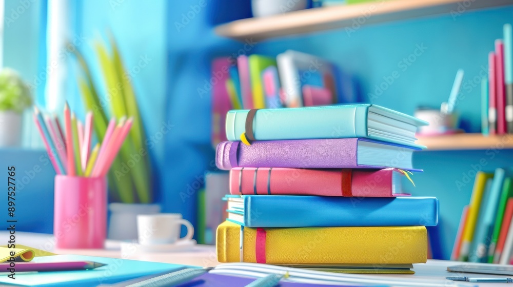 Five colorful books sit on white desk in blue room. Vase of pencils, cup, and book in background Five colorful books sit on white desk in blue room. Vase of pencils, cup, and book in background