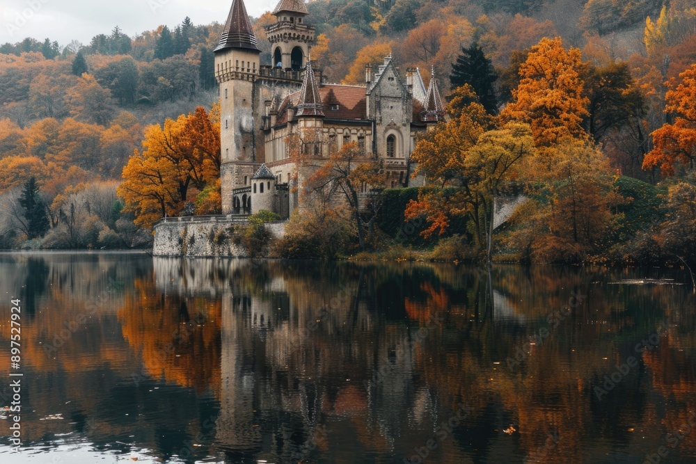 Castle with large body of water in background Castle with large body of water in background