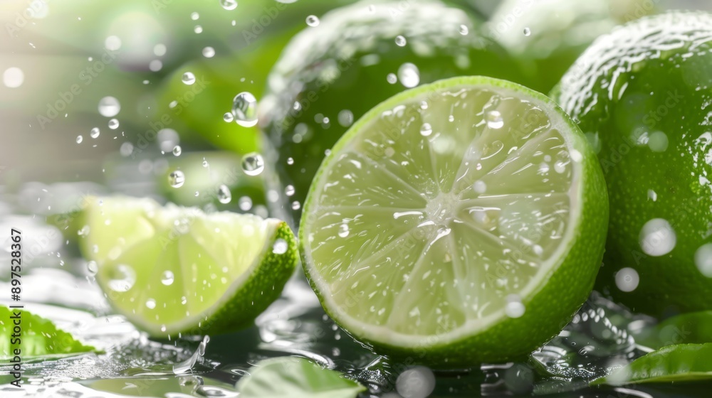 Close-up of fresh limes with water droplets, exemplifying freshness and vitality. Perfect for advertisement use. Close-up of fresh limes with water droplets, exemplifying freshness and vitality. Perfect for advertisement use.