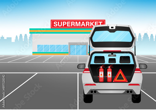 Fire Extinguisher and Red Triangle Emergency in Car Trunk at Parking Lot. Vector Illustration. © BillionsPhoto