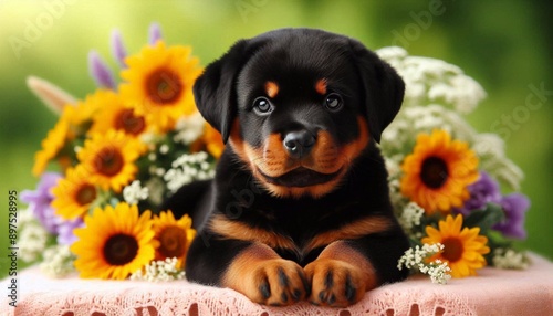 Rottweiler auf einer Blumenwiese