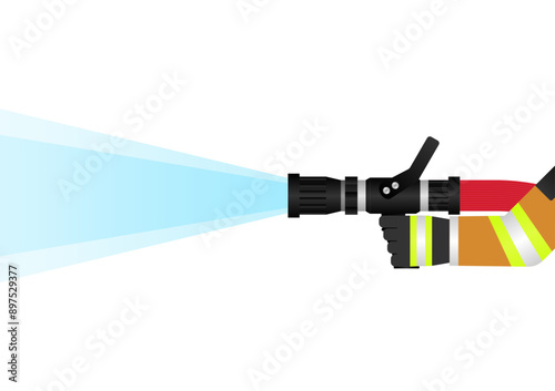 Firefighter Holding Fire Hose Nozzle to  Spraying Water. Vector Illustration. 