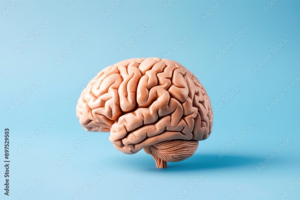 A close-up of a plastic human brain model, its intricate folds and contours clearly visible, set against a serene blue background A close-up of a plastic human brain model, its intricate folds and contours clearly visible, set against a serene blue background