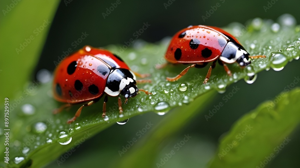 a close-up view of a delicate ladybug crawling on a dewy leaf a close-up view of a delicate ladybug crawling on a dewy leaf