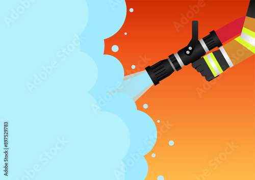 Firefighter Holding Fire Hose Nozzle to  Spraying Water. Vector Illustration. 