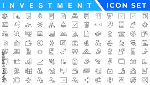 Investment icons in line design. Accounting, analytics, finance, business, money, financial, audit, tax, budget, capital isolated on white background vector. Accounting editable stroke icons.