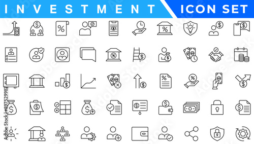 Investment icons in line design. Accounting, analytics, finance, business, money, financial, audit, tax, budget, capital isolated on white background vector. Accounting editable stroke icons.