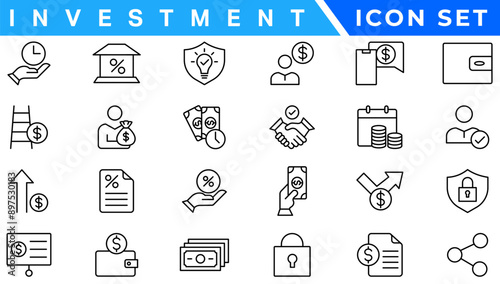 Investment icons in line design. Accounting, analytics, finance, business, money, financial, audit, tax, budget, capital isolated on white background vector. Accounting editable stroke icons.