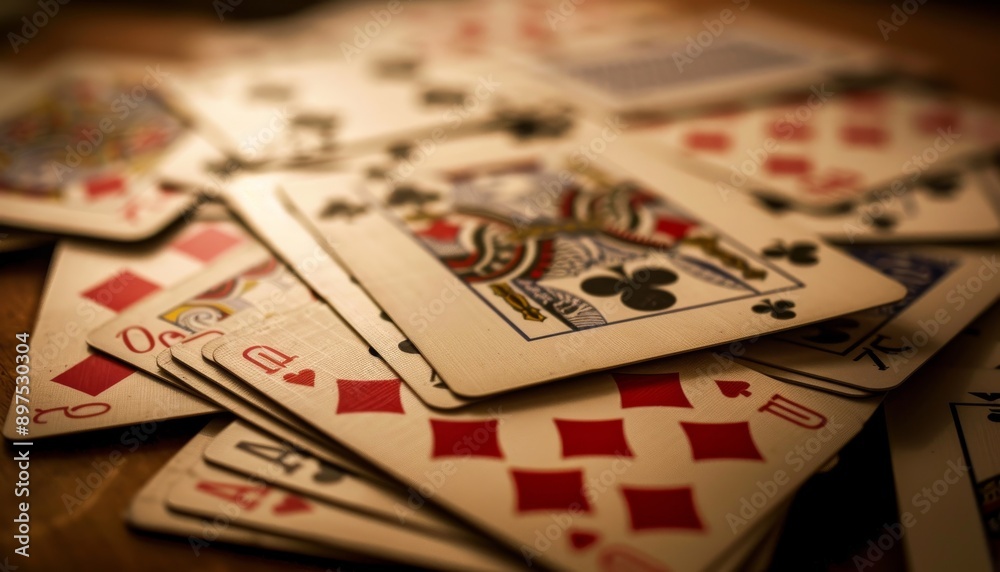 Shuffled deck of cards spread out, offering endless entertainment fun for game enthusiasts Shuffled deck of cards spread out, offering endless entertainment fun for game enthusiasts