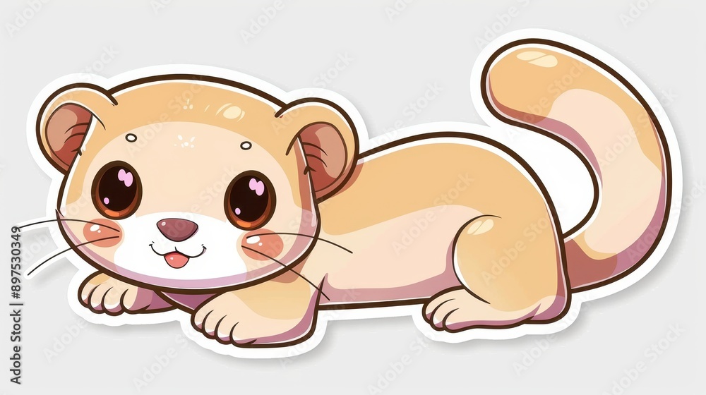 Naklejka premium Adorable cartoon ferret with big eyes and a playful expression, lying on a white background. Ideal for children's books and cute designs.