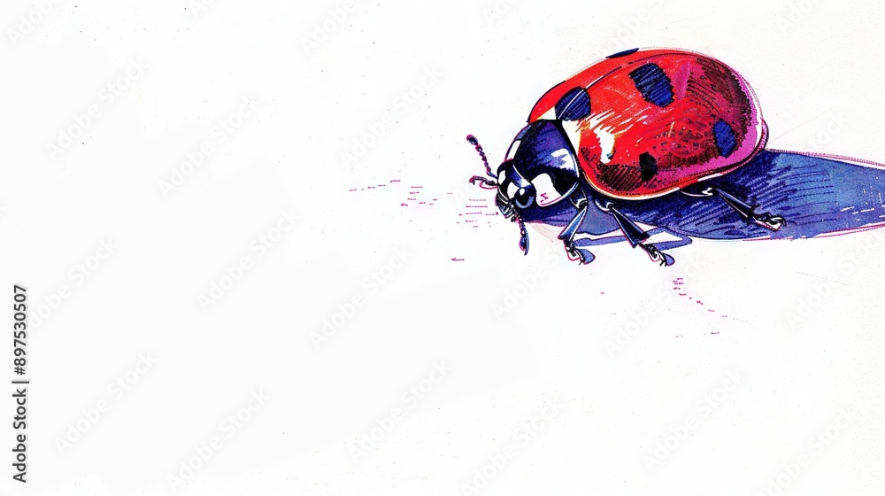 Fototapeta premium Ladybug sitting on blue paper with red dot