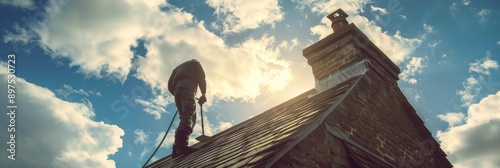 Chimney sweep working the roof, captured in detailed clarity, ideal for a wide banner photo