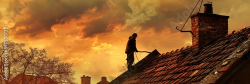 Chimney sweep working the roof, captured in detailed clarity, ideal for a wide banner