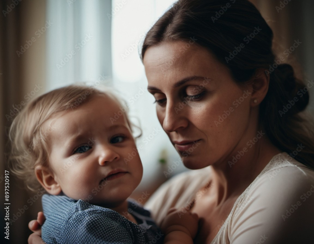 A mother lovingly gazes at her infant baby, holding the child close in her arms. Cute infant child is calm. Love of mother and child. Happy childhood. Family relationships, motherhood and fertility. A mother lovingly gazes at her infant baby, holding the child close in her arms. Cute infant child is calm. Love of mother and child. Happy childhood. Family relationships, motherhood and fertility.