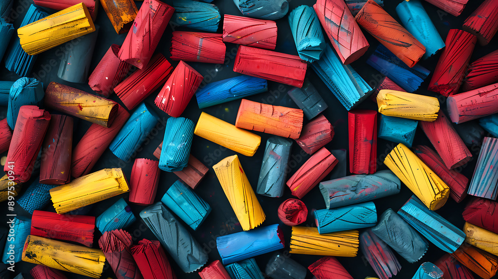 Multicolored crayons on dark background, top view, copy space Multicolored crayons on dark background, top view, copy space