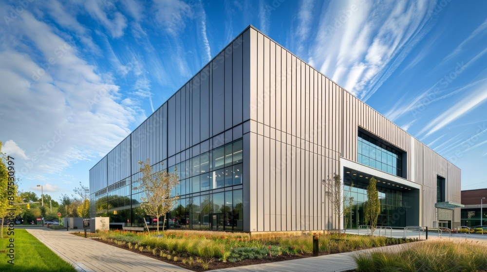 Modern building in aluminum siding and flat angled roofline and front windows. Modern building in aluminum siding and flat angled roofline and front windows.
