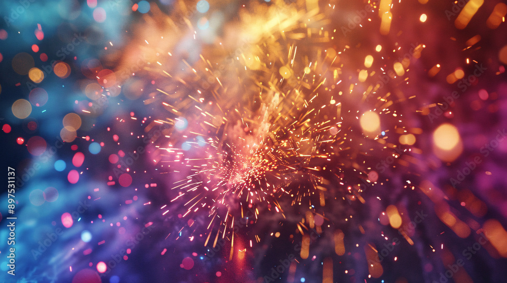 Fototapeta premium A close-up of a firework bursting in a brilliant display of colors, with the festive atmosphere of a summer festival in the background, shown in realistic style, UHD 