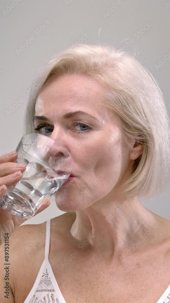 Cheerful mature woman with blonde hair drinks mineral water smiling on light grey background. Healthy senior female refreshes with clean aqua from glass. Senior lady supports hydration level Cheerful mature woman with blonde hair drinks mineral water smiling on light grey background. Healthy senior female refreshes with clean aqua from glass. Senior lady supports hydration level