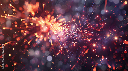 A close-up of a firework bursting in a brilliant display of colors, with the festive atmosphere of a summer festival in the background, shown in realistic style, UHD 