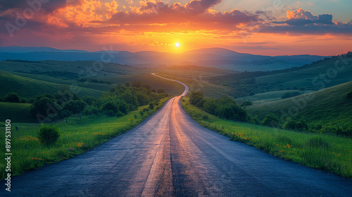 Asphalt highway road and green mountain with sky clouds at sunset