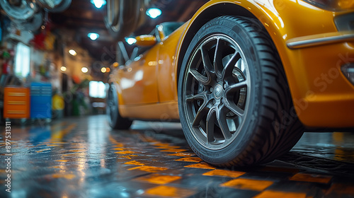 Closeup wheel of car in garage. Banner professional mechanic changing tires2.png