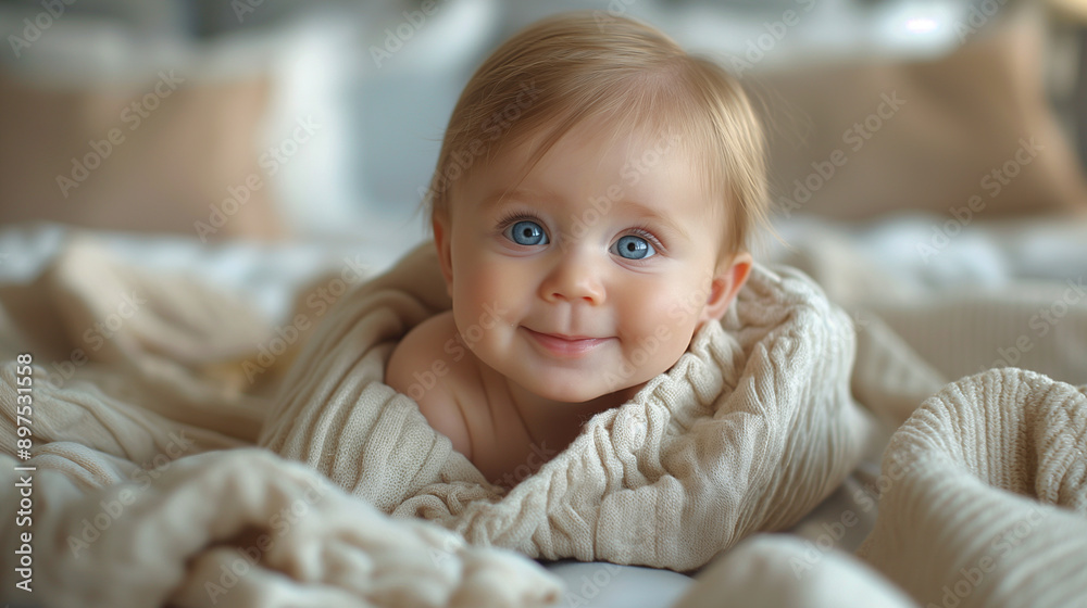 A happy baby, a cute little newborn girl, is smiling while crawling on the bed in the bedroom. The infant is resting and playing on a blanket at home A happy baby, a cute little newborn girl, is smiling while crawling on the bed in the bedroom. The infant is resting and playing on a blanket at home