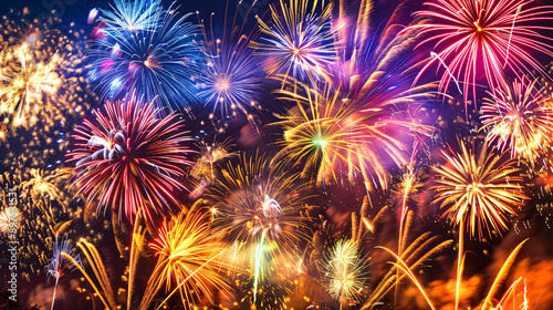 A spectacular firework display lighting up the night sky at a summer festival, with vivid colors and detailed sparks, captured in realistic style, UHD 