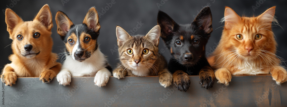 Obraz premium A row of dog and cat heads, with their paws raised, hang over a blank white sign. The sign is sized for use as a website banner or social media header