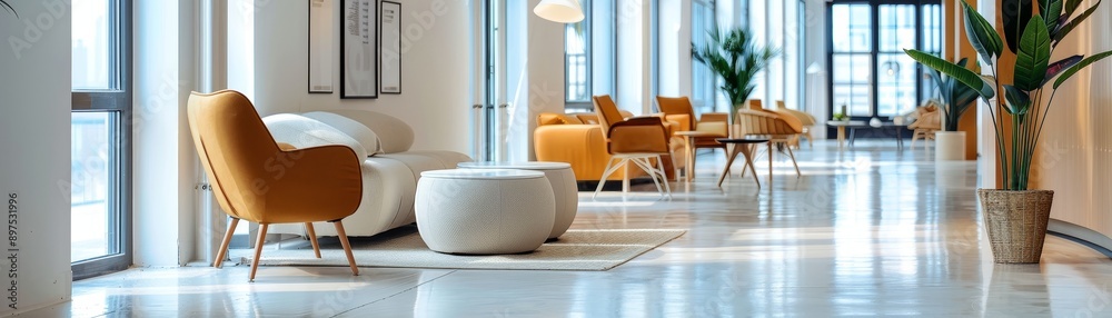 Fototapeta premium Contemporary Workspace: Minimalist Office with Sleek Furniture and Airy Ambiance