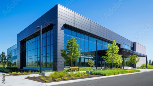 Modern building in aluminum siding and flat angled roofline and front windows.