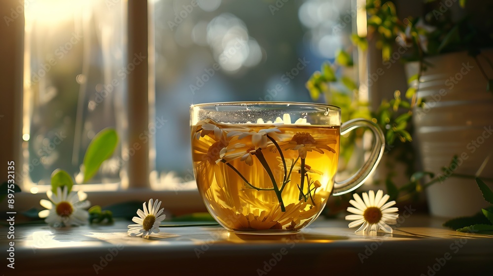 morning chamomile tea in a transparent glass cup on the windowsill, light background sunlight morning chamomile tea in a transparent glass cup on the windowsill, light background sunlight