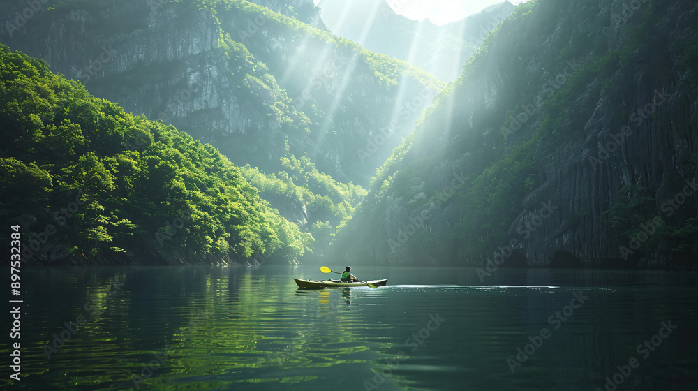 Fototapeta premium A person kayaking through a tranquil lake surrounded by lush green mountains, with the sunlight glistening on the water, captured in realistic style, UHD 
