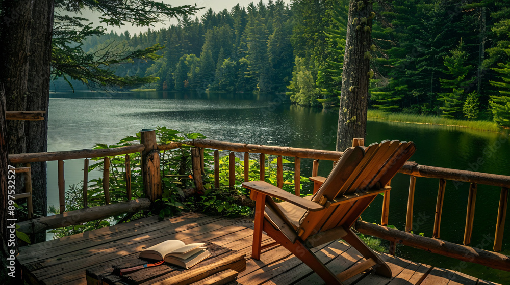 Bird's eye view of a book on a wooden deck chair on a cabin porch, overlooking a tranquil lake and dense forest, creating a peaceful summer retreat 