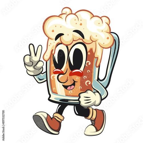 beer cartoon character retro design walking with a peace sign, work of hand drawn