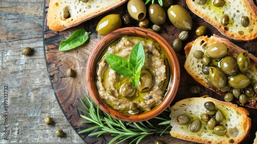 Olive pate on wooden background with olives capers and crostini