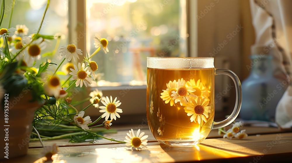 morning chamomile tea in a transparent glass cup on the windowsill, light background sunlight morning chamomile tea in a transparent glass cup on the windowsill, light background sunlight