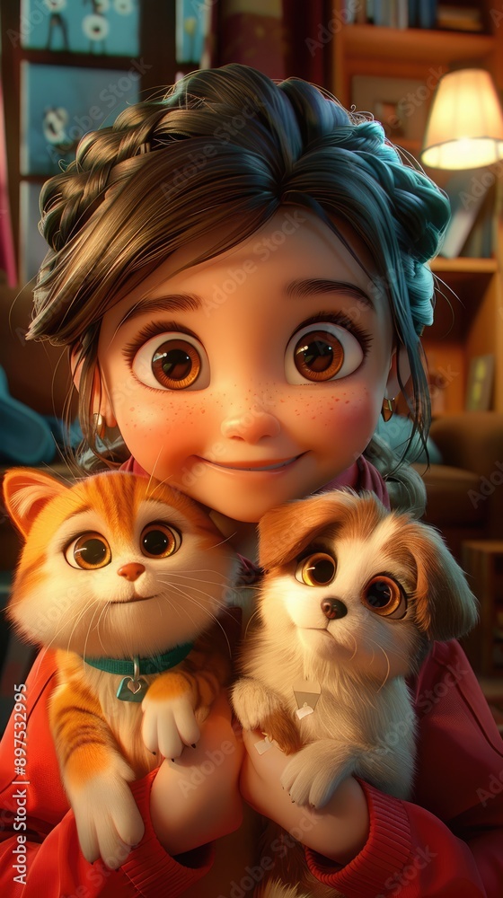 A cheerful selfie of a girl holding a cat and a dog, with all three smiling at the camera. A cheerful selfie of a girl holding a cat and a dog, with all three smiling at the camera.