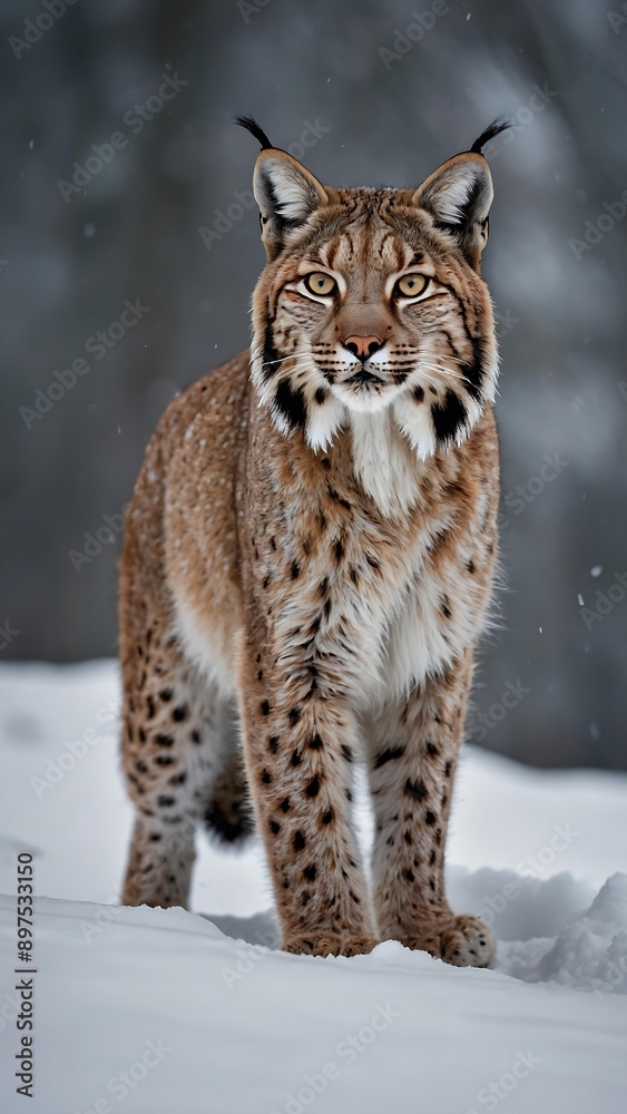 A majestic Eurasian Lynx, its fur a symphony of tan and charcoal, effortlessly prowls through a snowy landscape A majestic Eurasian Lynx, its fur a symphony of tan and charcoal, effortlessly prowls through a snowy landscape
