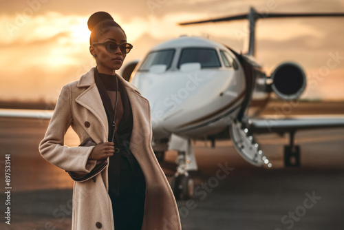 Top executive boarding her private jet at the airport.