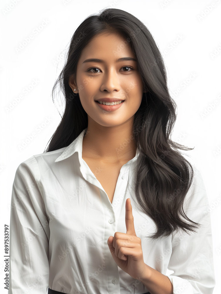 indonesian woman wearing a white blouse, Her long black hair frames a cheerful expression. on white background. professional asian women smile confident indonesian woman wearing a white blouse, Her long black hair frames a cheerful expression. on white background. professional asian women smile confident