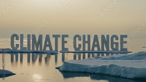 CLIMATE CHANGE text on melting icebergs, global warming concept photo