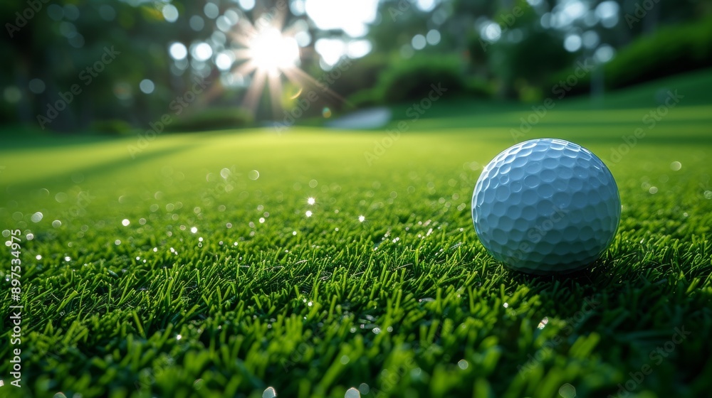 Obraz premium Golf ball on green grass course with sunlight, close-up view. Sport and recreation concept
