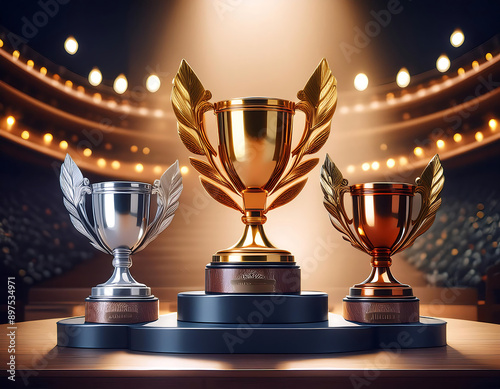  Winner Award Podium- A podium setup for an award ceremony with gold, silver, and bronze tro_1(489)